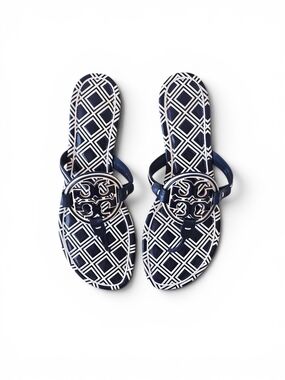 Tory Burch Metal Miller Navy Leather Thong Sandal Size 11 Geometric Diamond